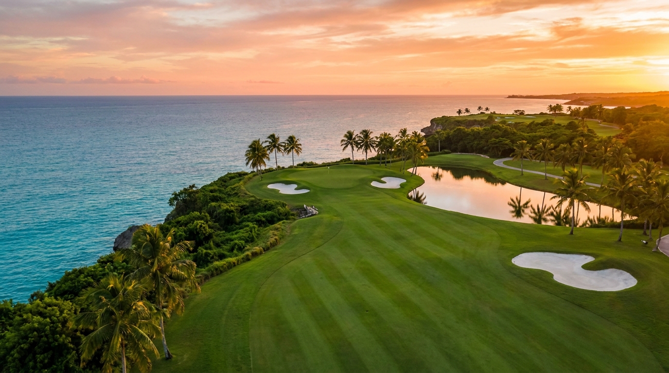 Campo de golf sobre el acantilado del Caribe al atardecer, en el entorno de Larimar City & Resort, Punta Cana.