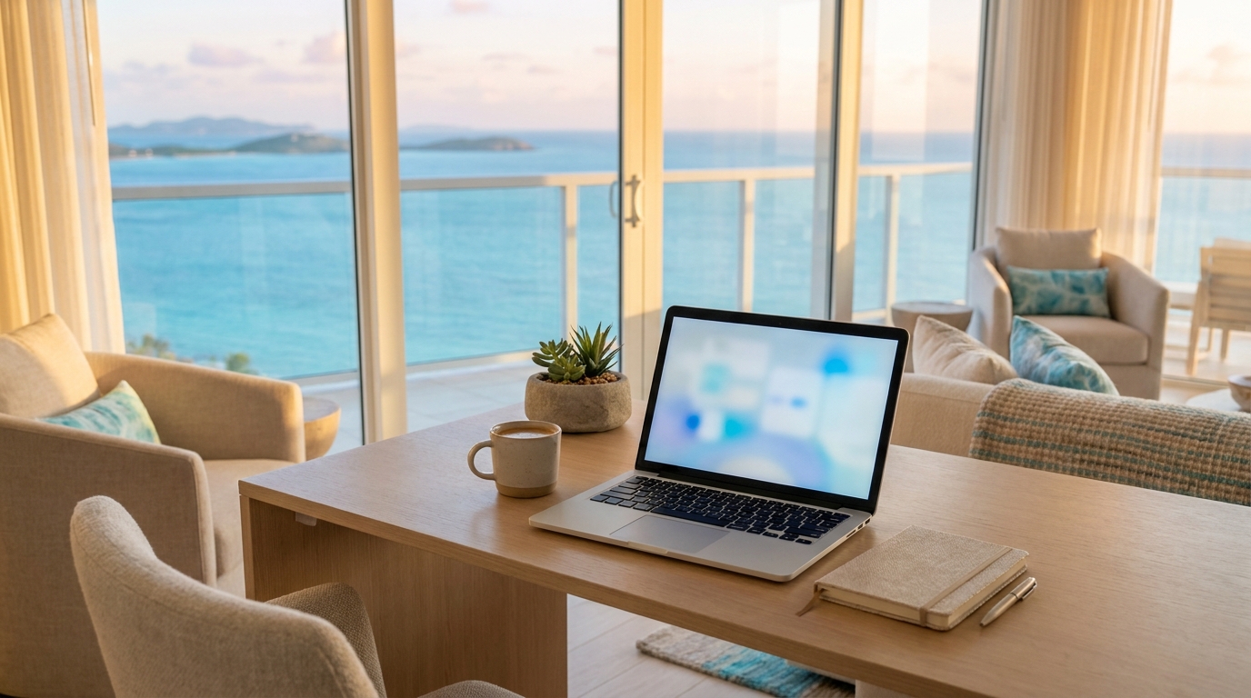 Escritorio sereno con vista al Caribe
